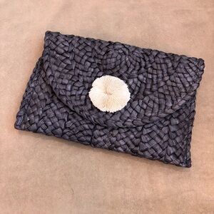 Handmade Black Raffia Straw Clutch Purse with Natural Mushroom Coral Accent NEW
